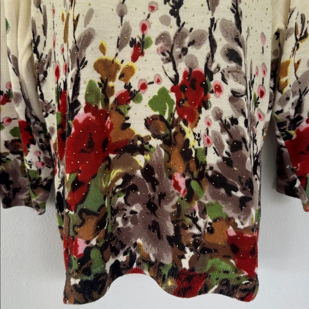 Vintage CD Petites cream red floral print rhinestone stud sweater size medium